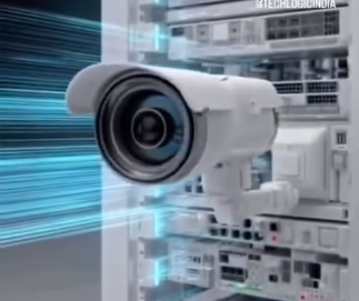 Bullet CCTV camera installed alongside a structured network rack