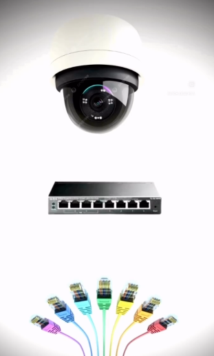 Dome camera, network switch and colour-coded LAN cables used in installations