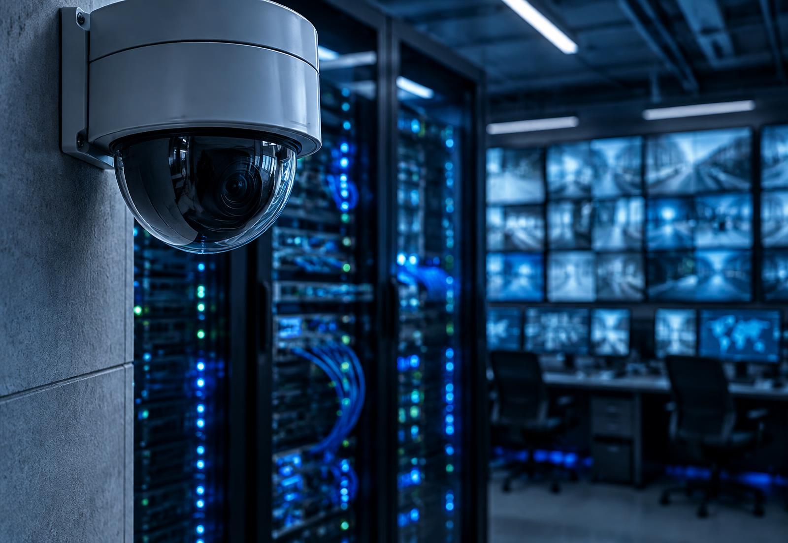 CCTV dome camera installed in front of a network rack and CCTV monitoring wall